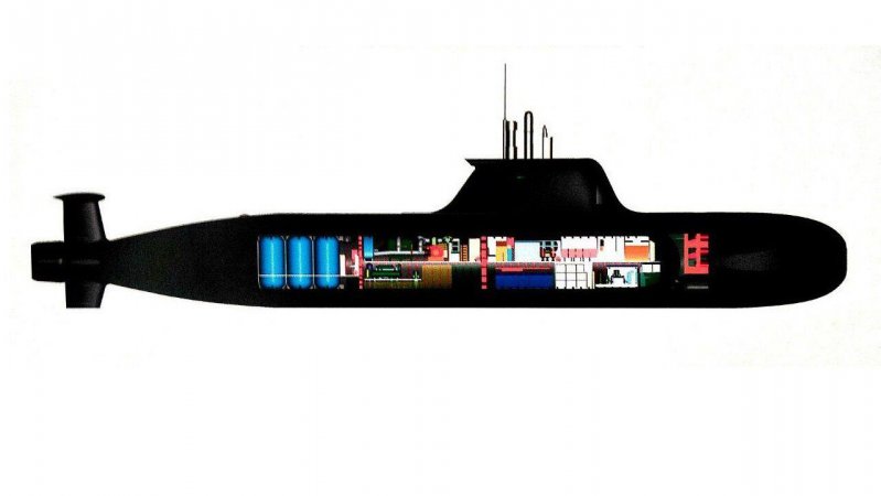 Layout of the P-750B midget littoral-zone submarine with anaerobic powerplant based on closed-cycle gas turbine engine