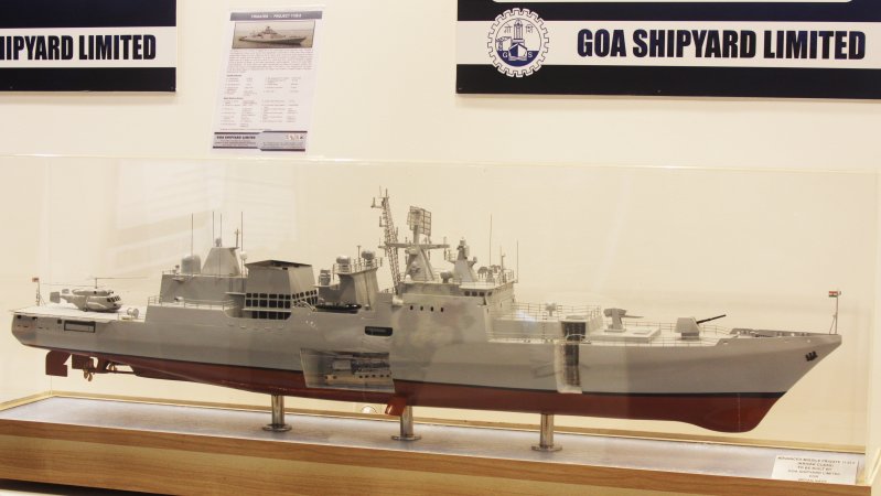 Model of Project 11356 frigate at Goa Shipyard’s booth