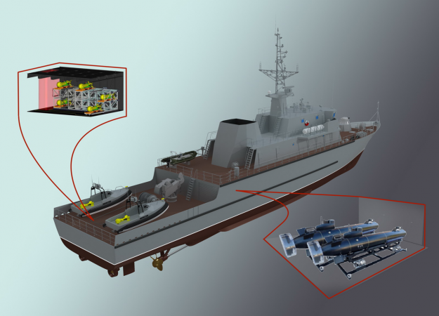 One of the arrangement options of unmanned boats Inspector onboard the Project 12700 minesweeper One of the arrangement options of unmanned boats Inspector onboard the Project 12700 minesweeper